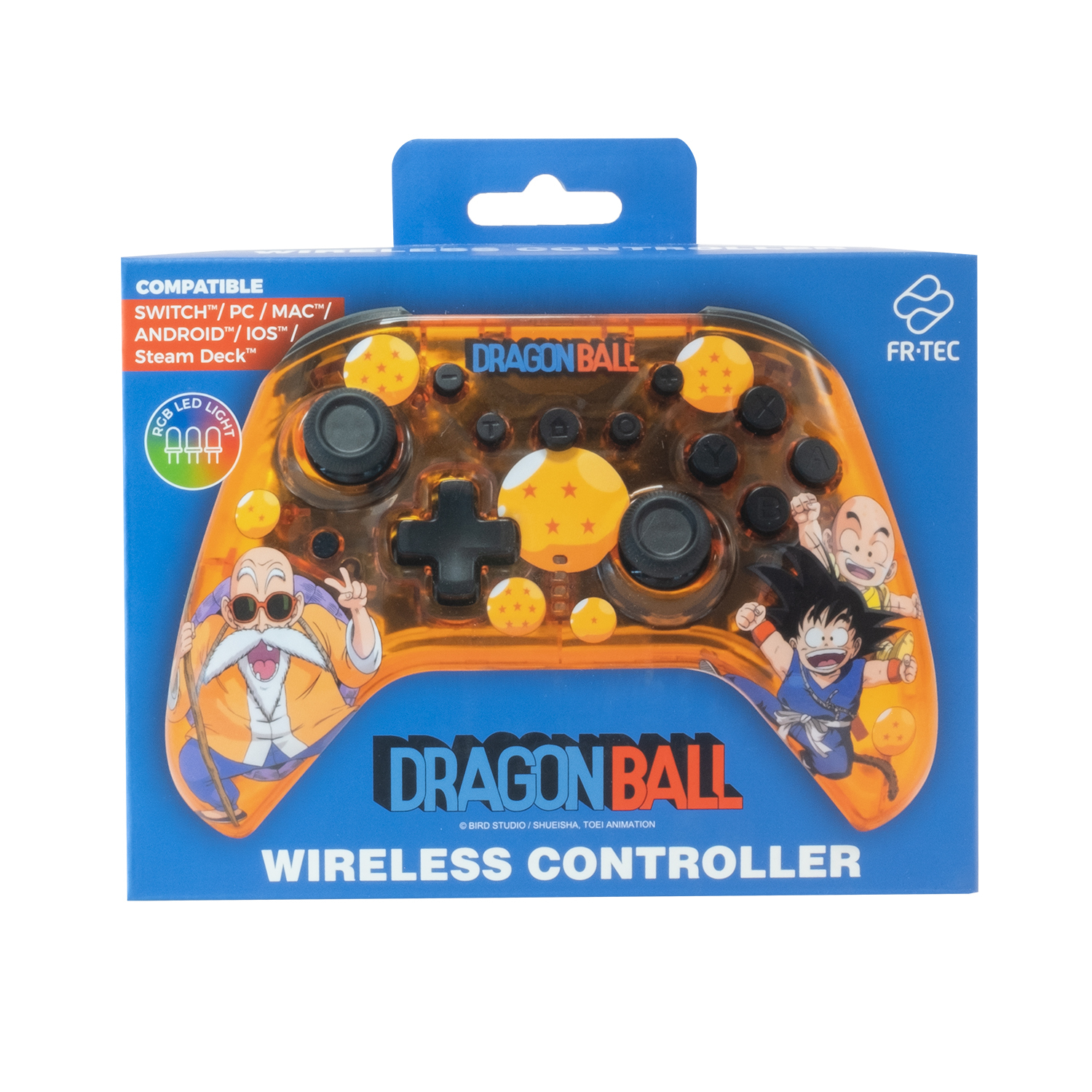 Ein transparenter orangefarbener Dragon Ball Wireless Controller mit Charakterabbildungen.