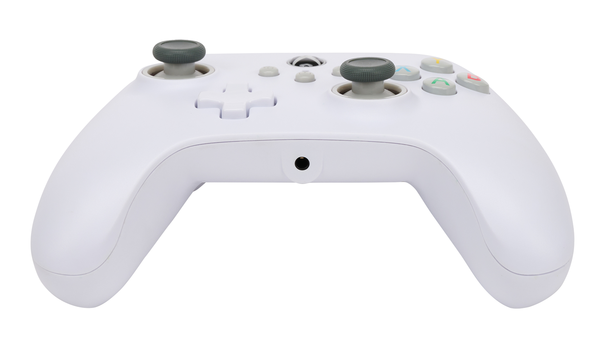 Biały kontroler do gier z dwoma joystickami, przyciskami i gniazdem audio.