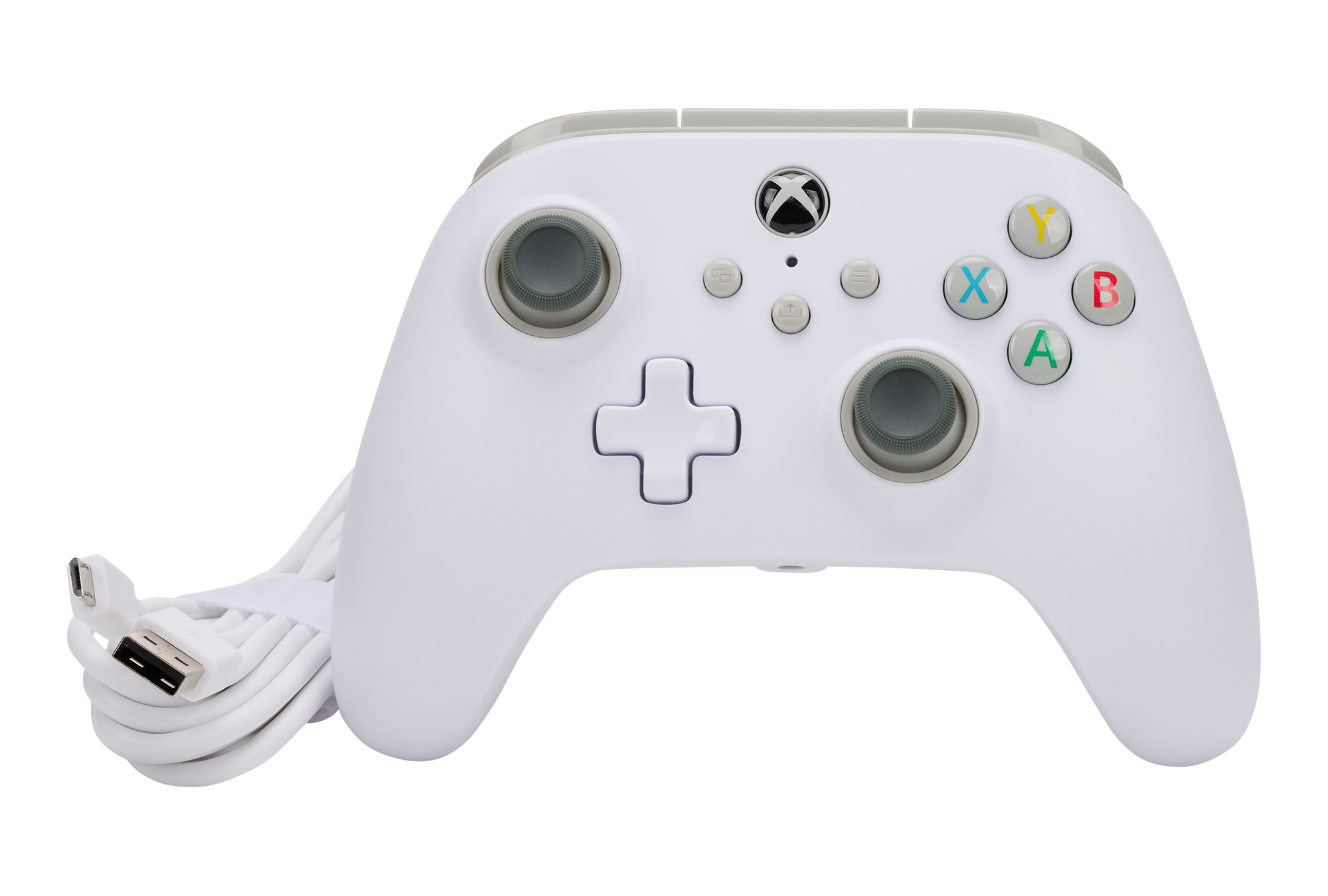 Biały kontroler Xbox z białym kablem USB.