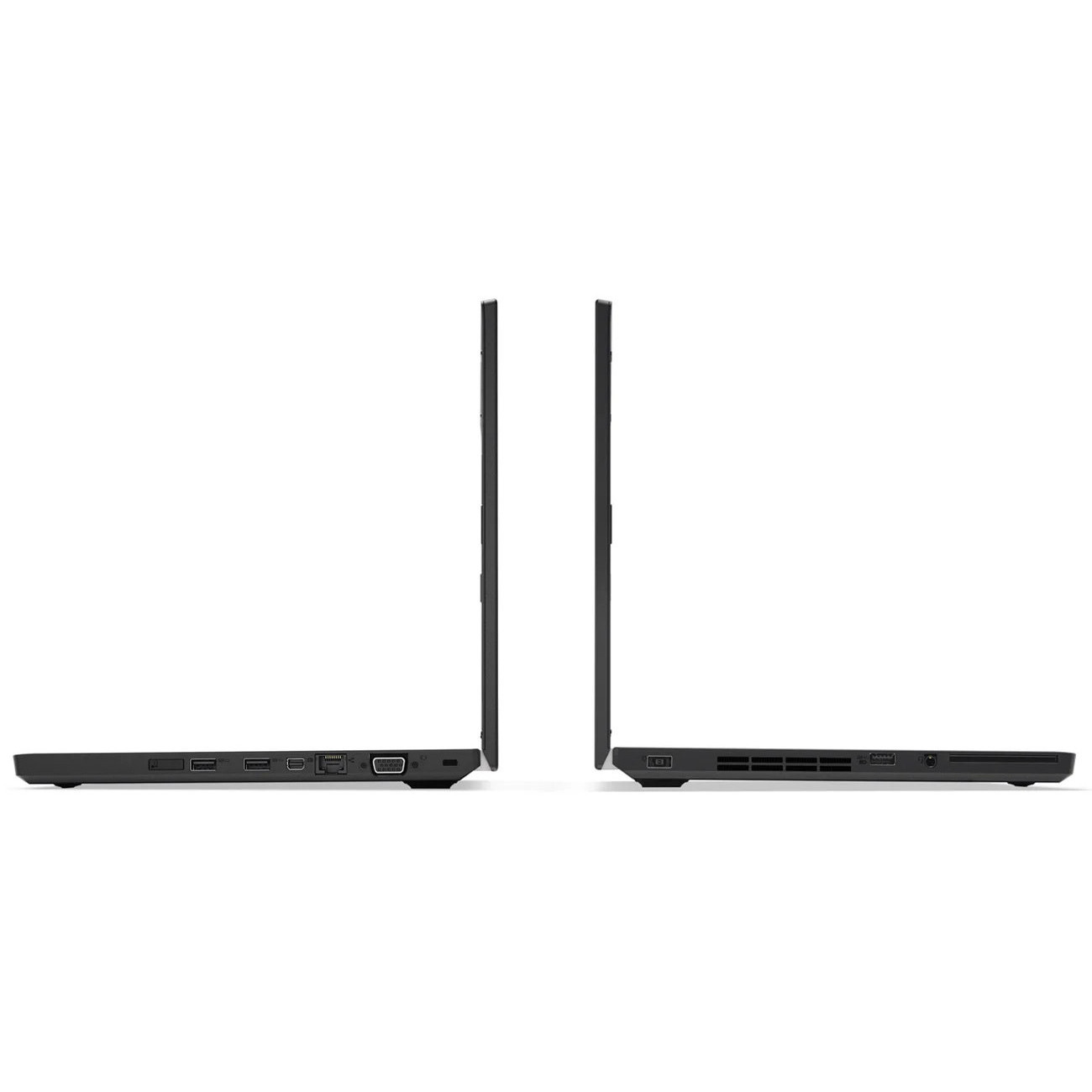Zwei schwarze Laptops, Seitenansicht, mit Anschlüssen.