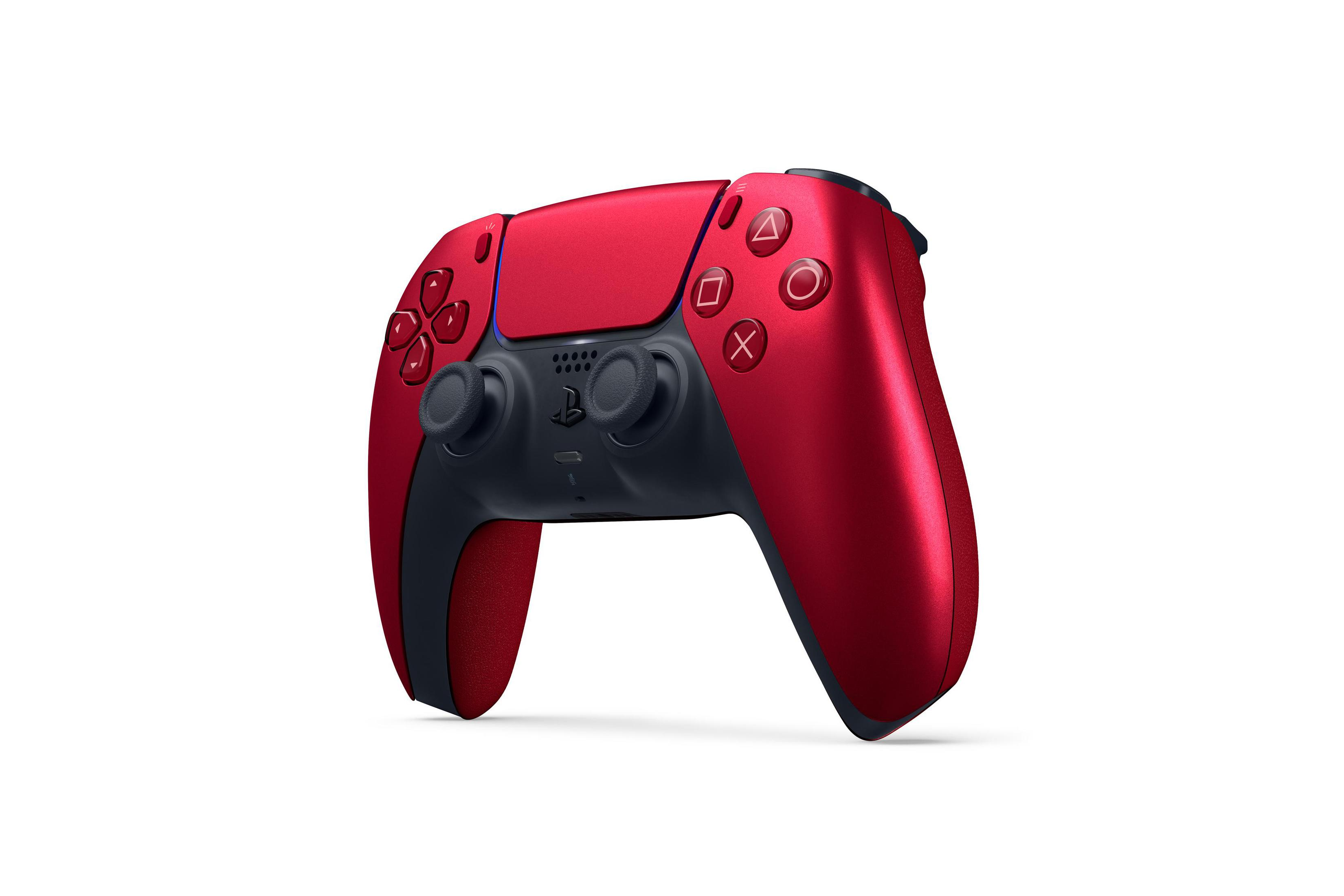 Ein roter Controller mit schwarzen Akzenten und Tasten.