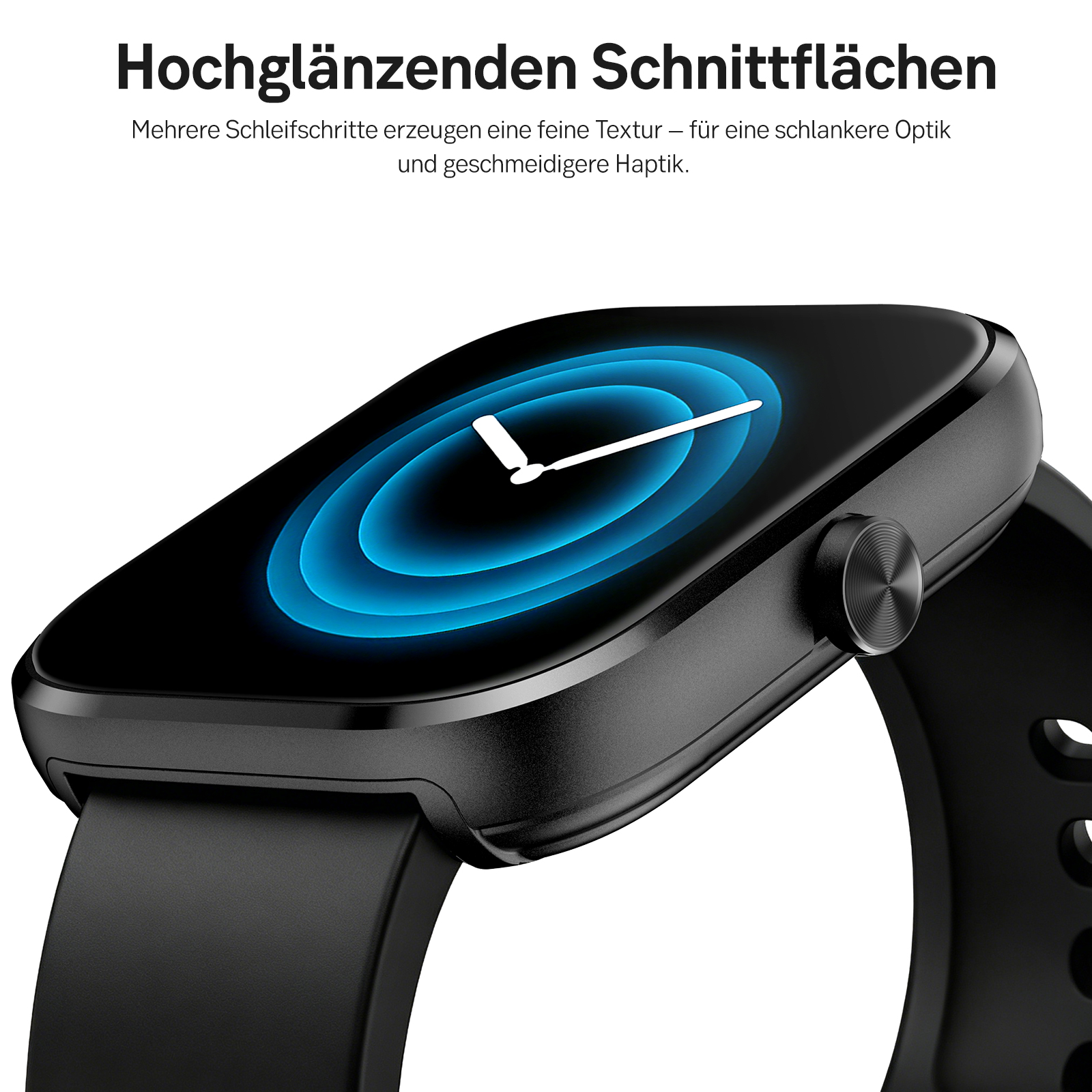 Schwarze Smartwatch mit leuchtendem blauen Zifferblatt und analoger Zeitanzeige.