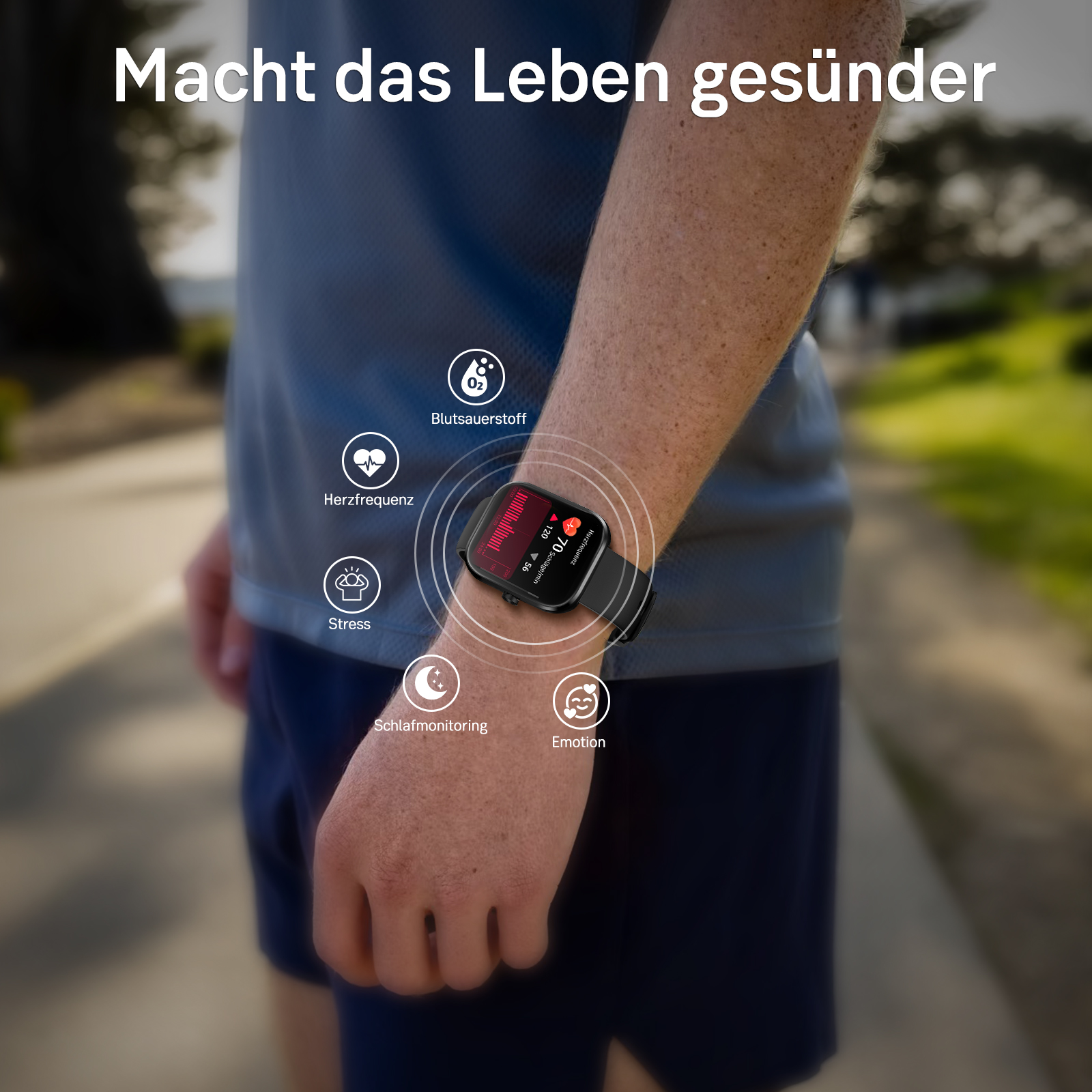 Smartwatch am Arm zeigt Herzfrequenz, Blutsauerstoff, Stress, Schlaf & Emotion.