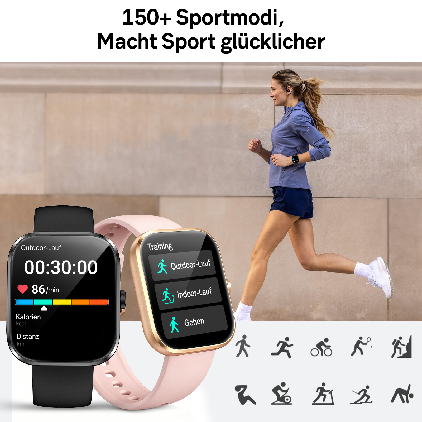 Eine Frau joggt, während Smartwatches ihre Trainingsdaten anzeigen.