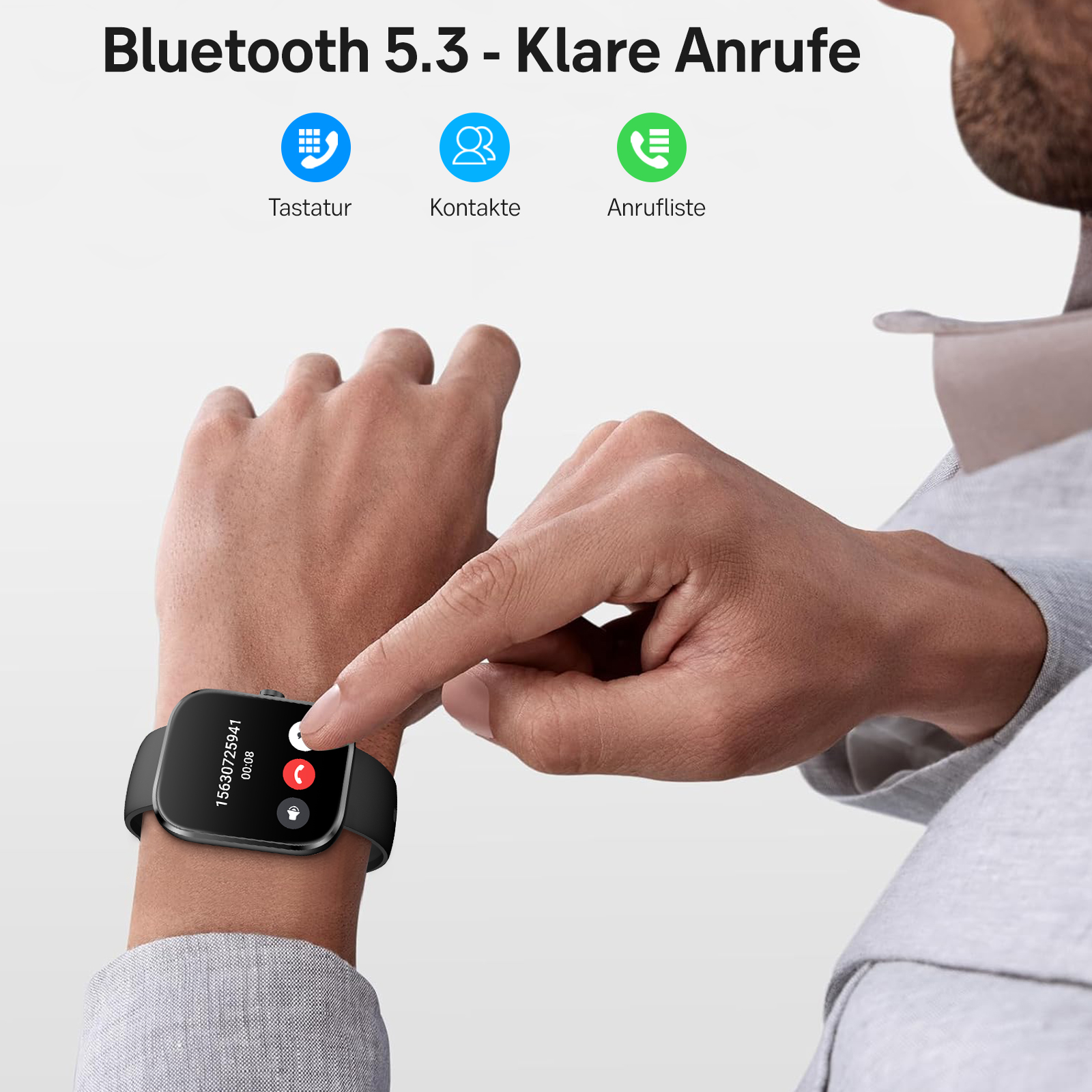 Ein Finger tippt auf einen Smartwatch-Bildschirm, der einen Anruf anzeigt.