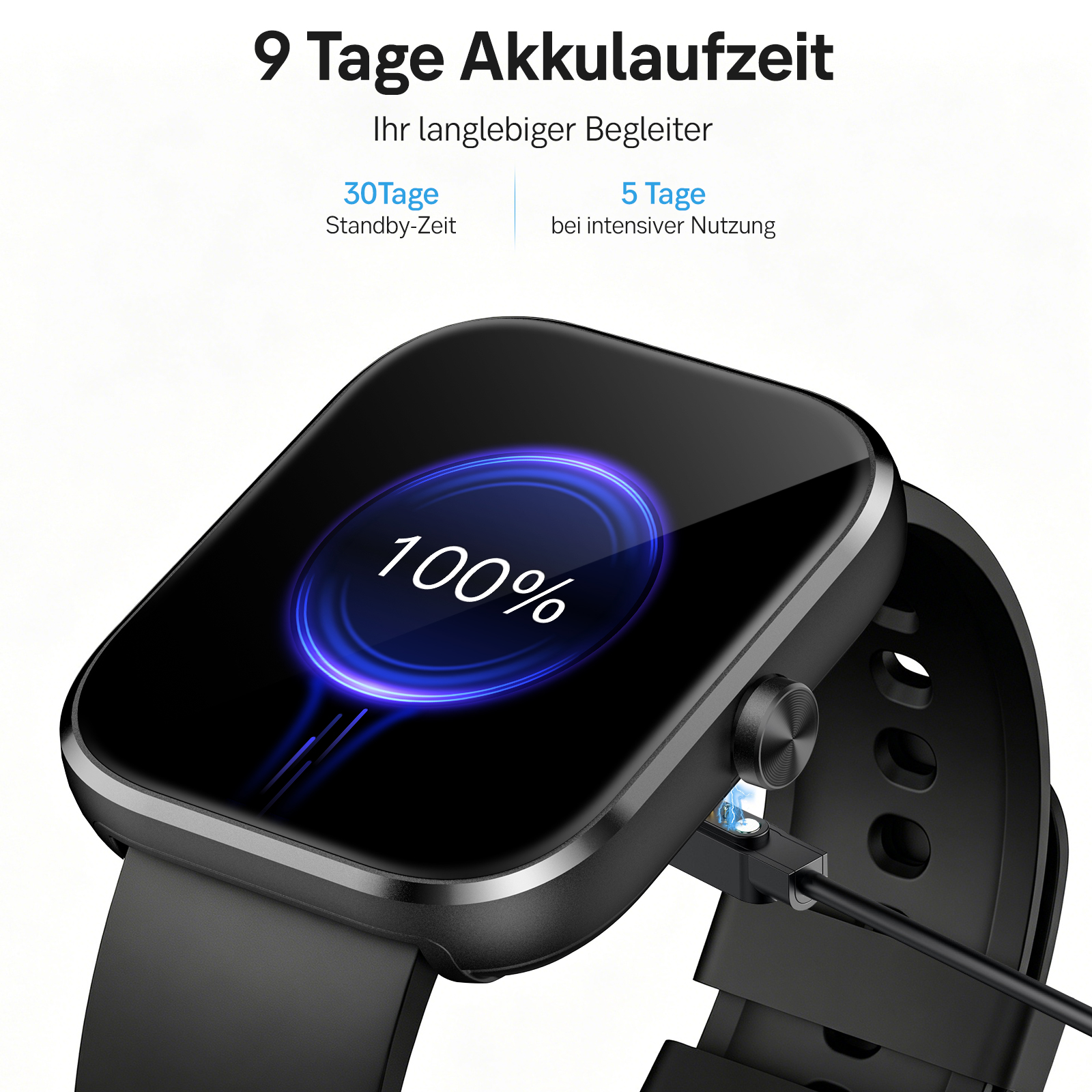 Schwarze Smartwatch mit 100% Akkuanzeige, wird geladen.