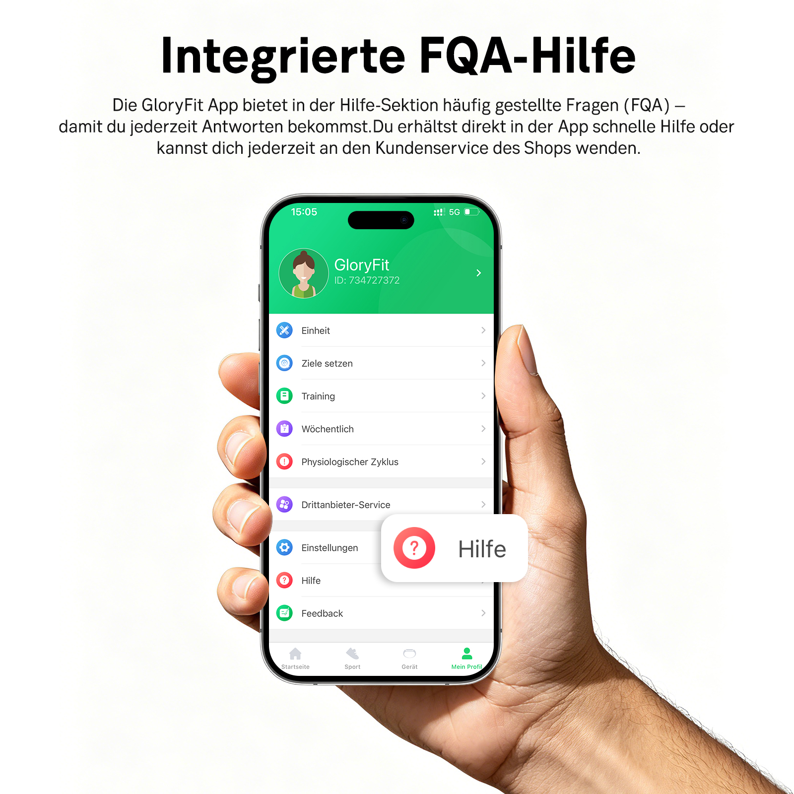 Eine Hand hält ein Smartphone mit der GloryFit-App. Der Hilfe-Bereich ist geöffnet.