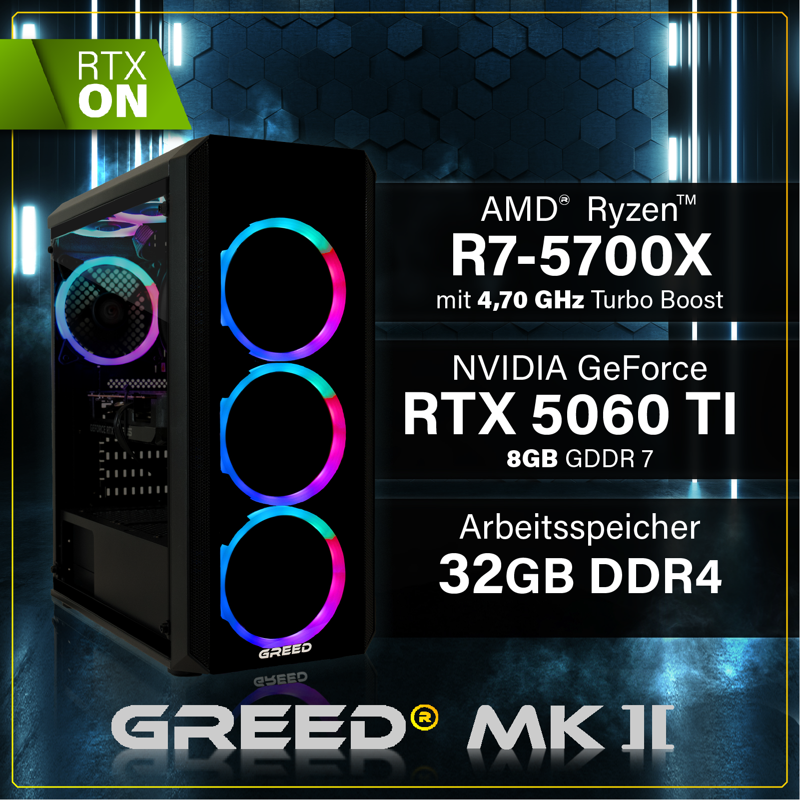 Ein Gaming-PC mit RGB-Lüftern, AMD Ryzen R7-5700X, RTX 5060 Ti, 32GB DDR4.