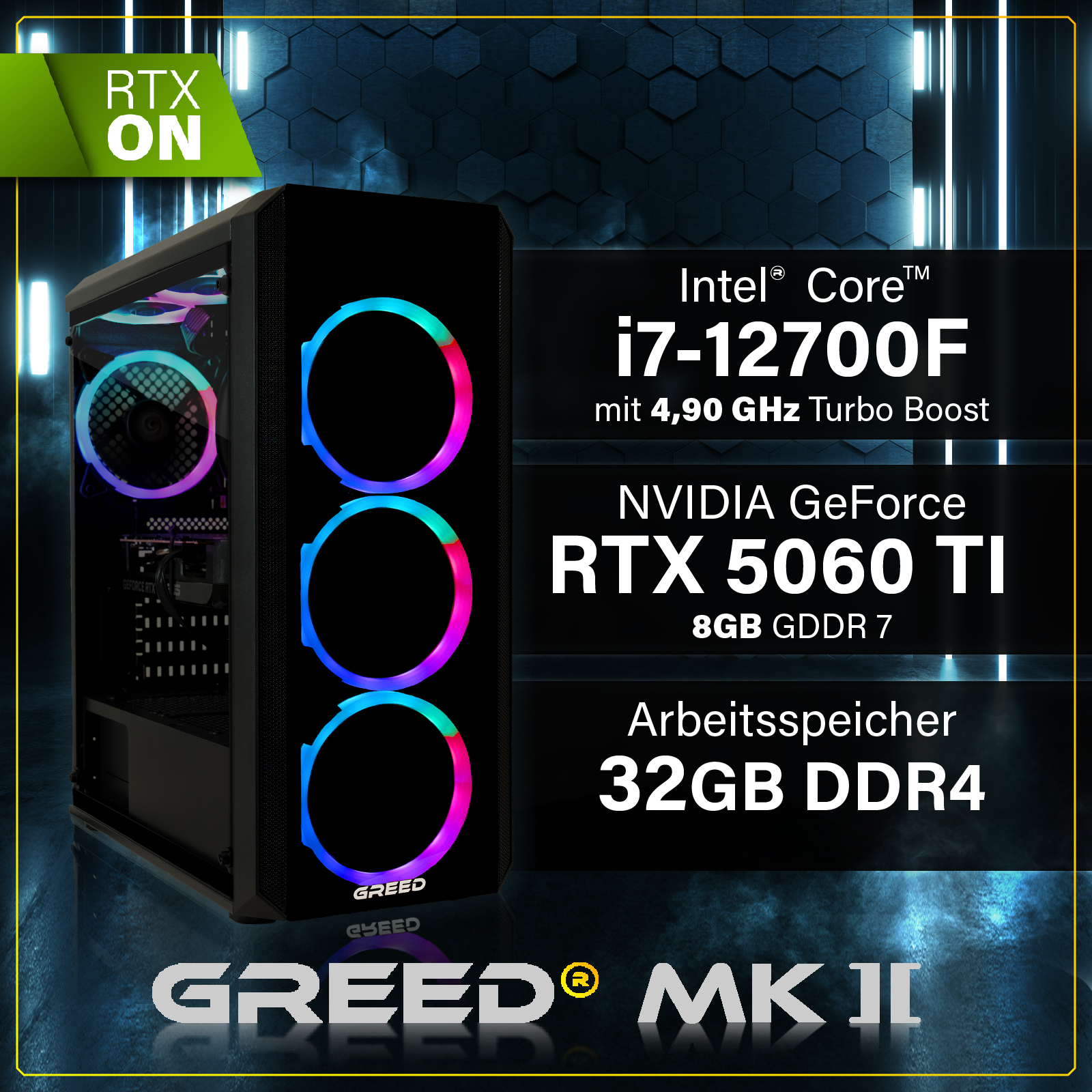 Ein Gaming-PC mit Intel i7, RTX 5060 Ti, 32GB DDR4 RAM und RGB-Lüftern.