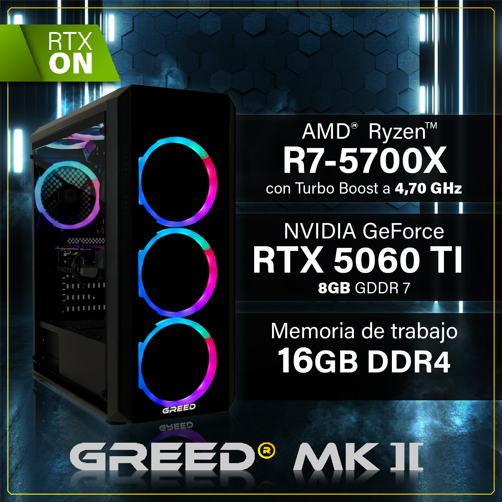 Una caja de PC con ventiladores RGB, con especificaciones Ryzen R7-5700X, RTX 5060 TI, 16GB DDR4.