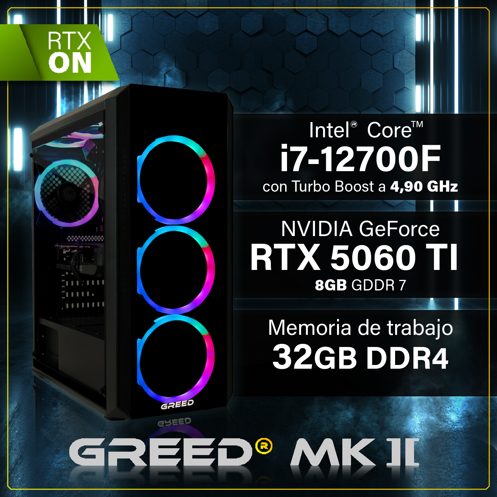 PC Gaming con Intel Core i7, RTX 5060 Ti, 32GB DDR4.