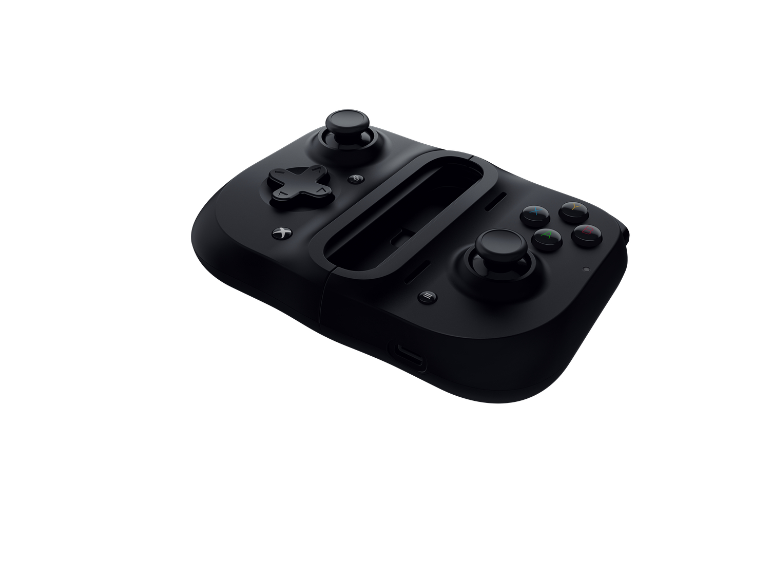 Black mobile gaming controller with analog sticks, buttons, and a phone mount.