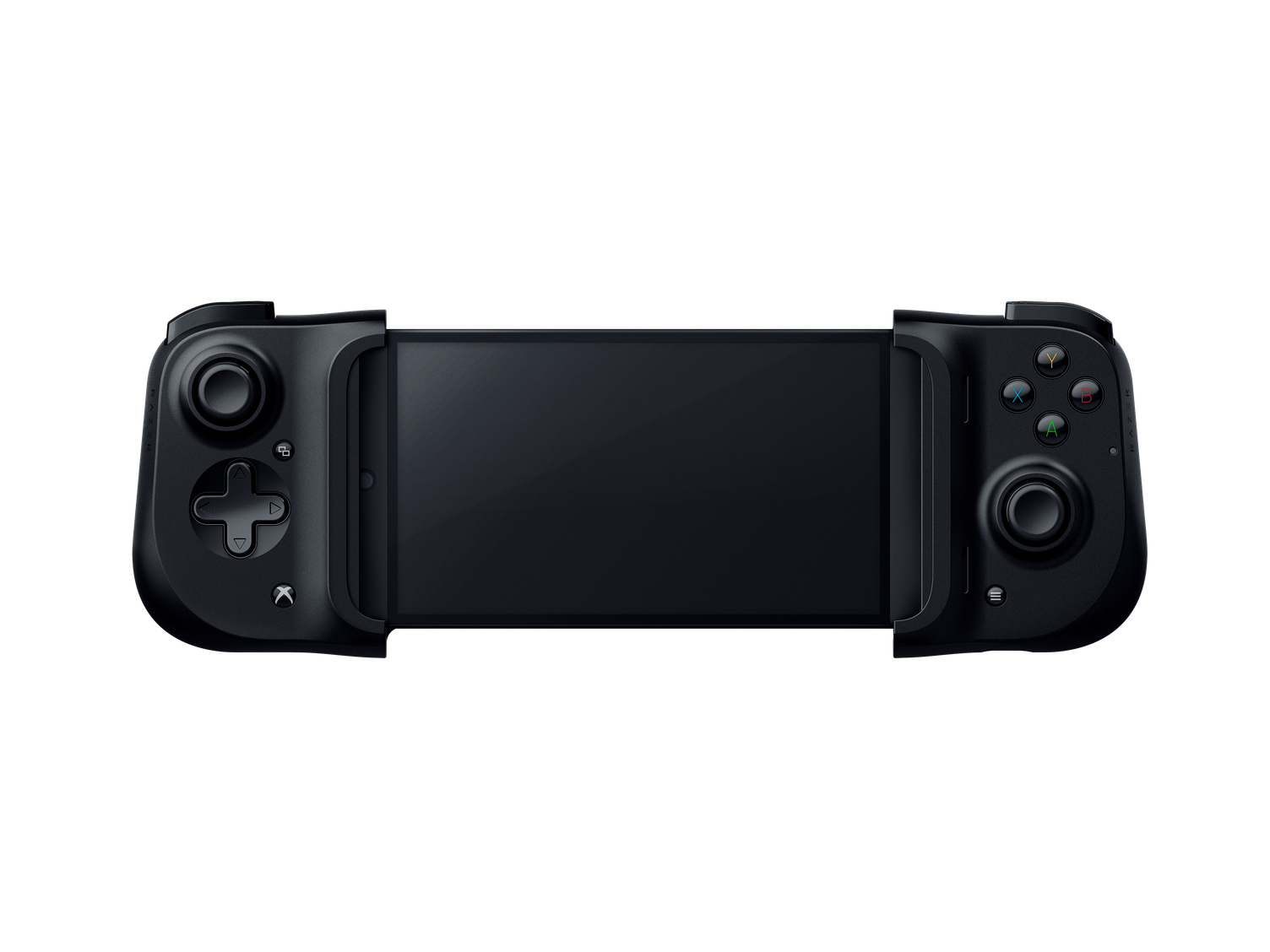 A black mobile gaming controller with a D-pad, analog stick, and buttons.