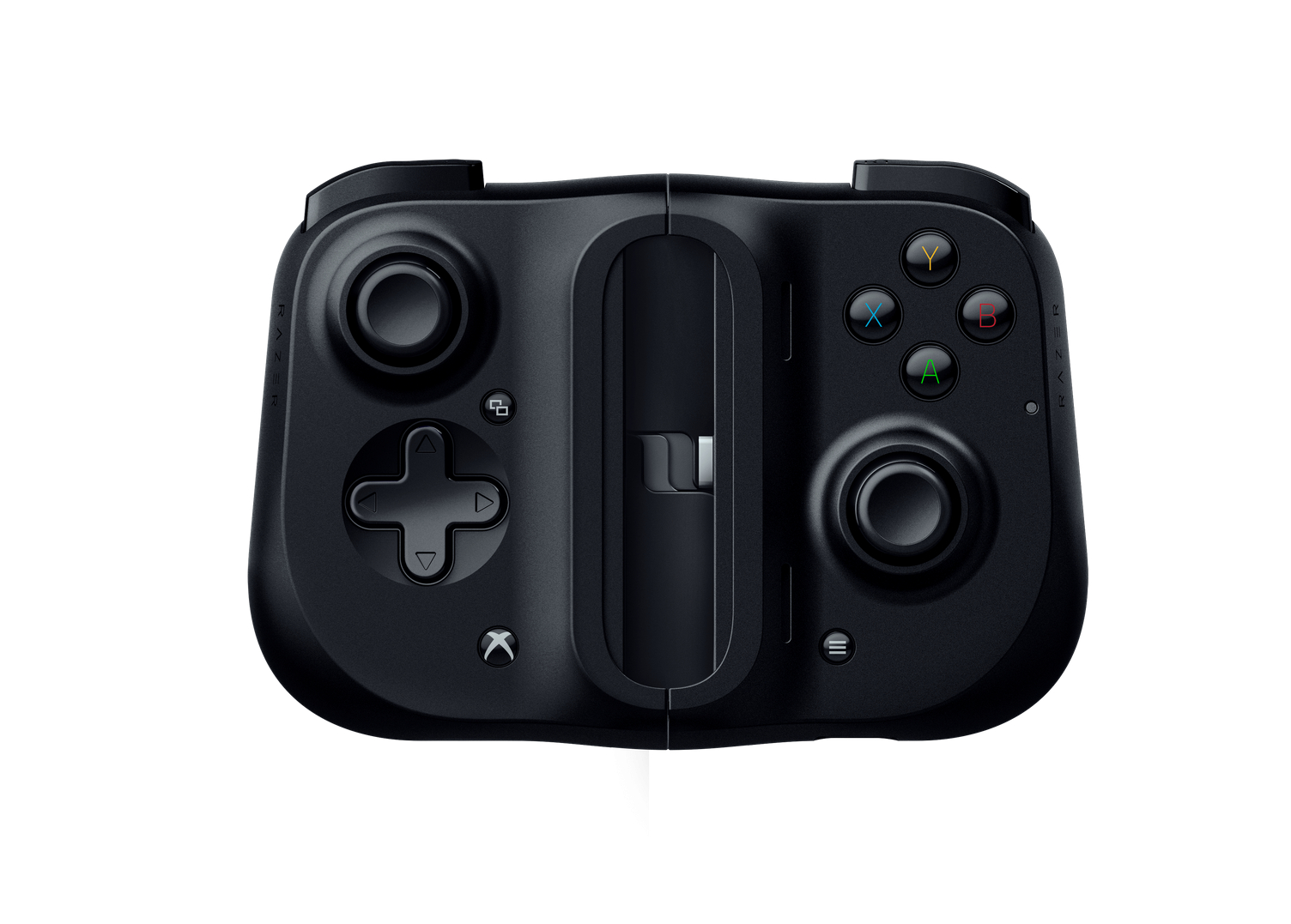 Black game controller with D-pad, analog stick, and buttons, on a white background.