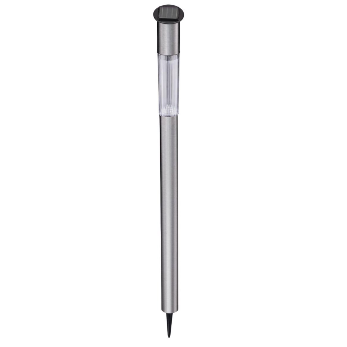 Zilveren solar tuinlamp met puntige voet en heldere lampenkap.