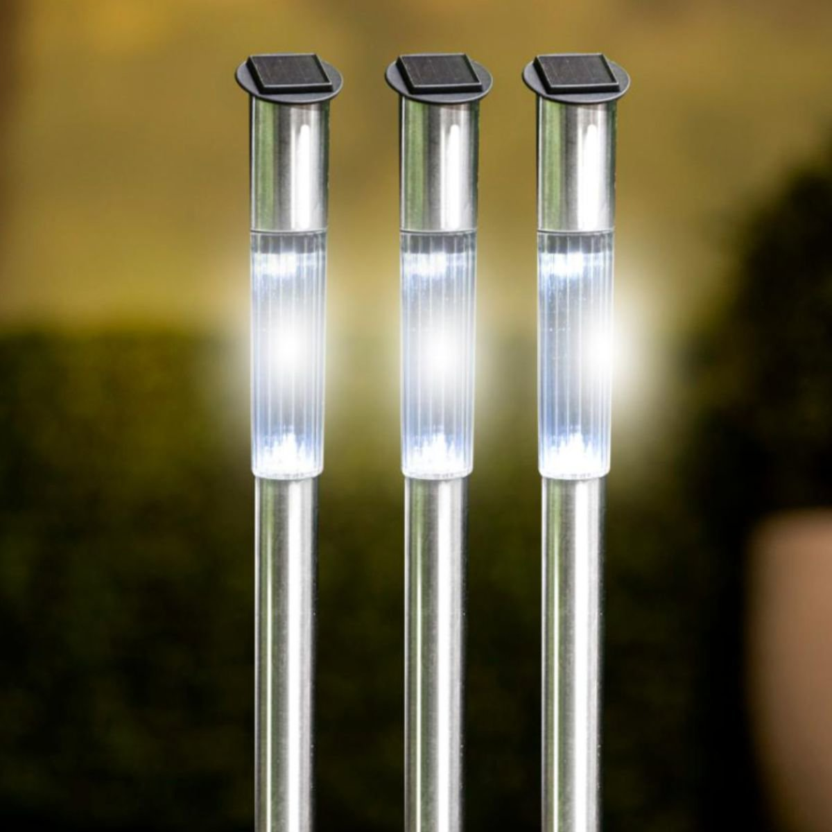 Drie roestvrijstalen solar lantaarns met witte lichten in een tuin.