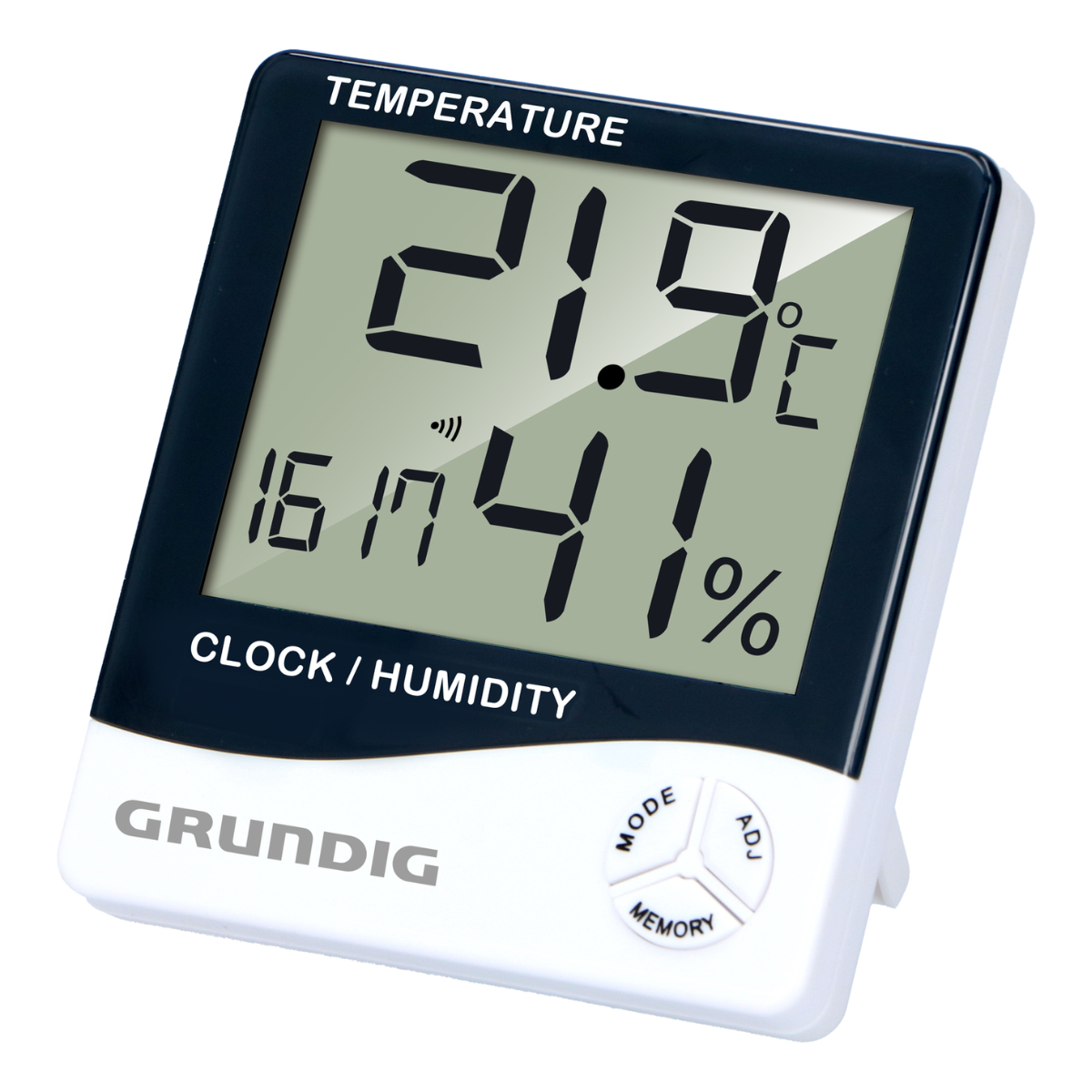 Digitale thermometer en hygrometer toont 21.9C en 41% vochtigheid.