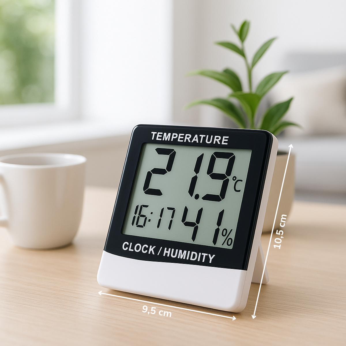 Digitale thermometer toont 21.9°C en 41% luchtvochtigheid.