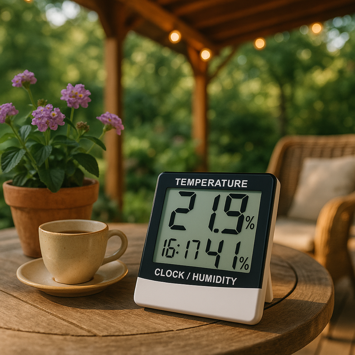 Een digitale thermometer toont 21,9 graden. Naast een kop koffie en een plant.