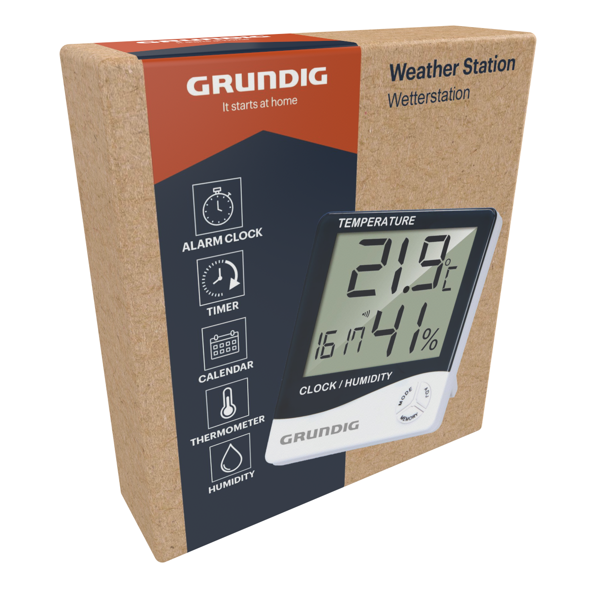 Grundig weerstation met digitaal display toont temperatuur, tijd en luchtvochtigheid.