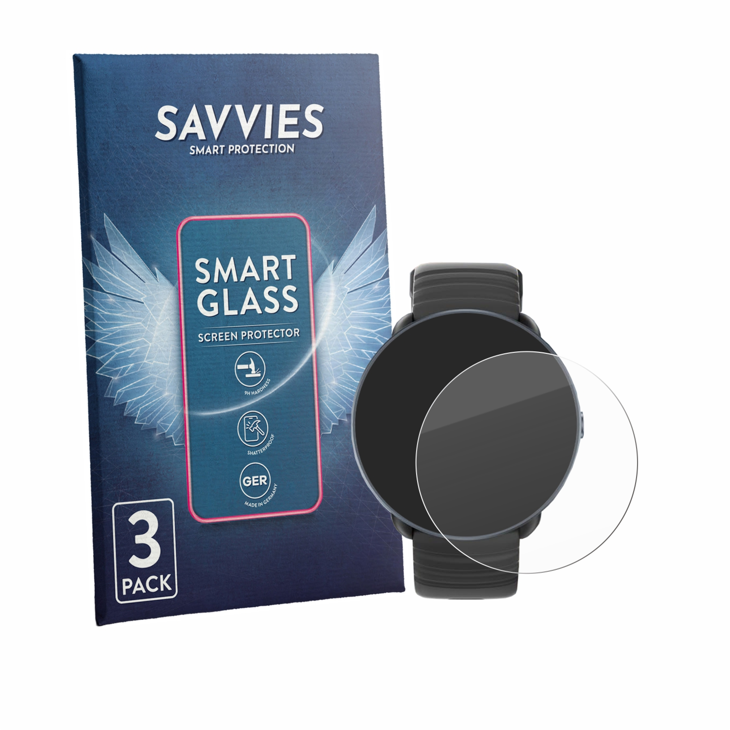 Verpackung für SAVVIES Smart Glass Displayschutzfolien mit einer Smartwatch.