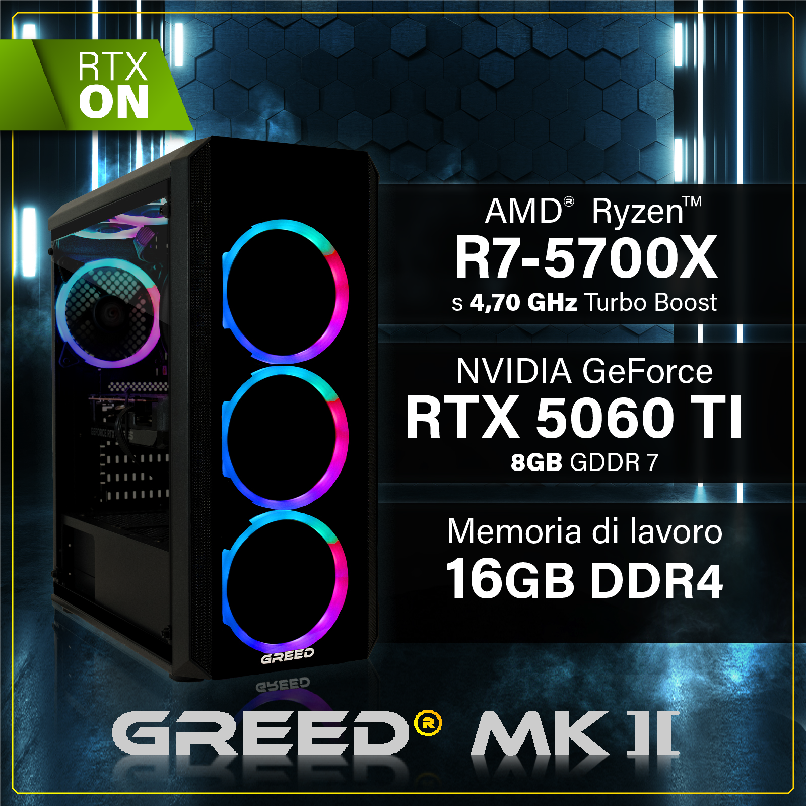 Case PC con ventole RGB, AMD Ryzen 7, RTX 5060 Ti, 16GB RAM DDR4.