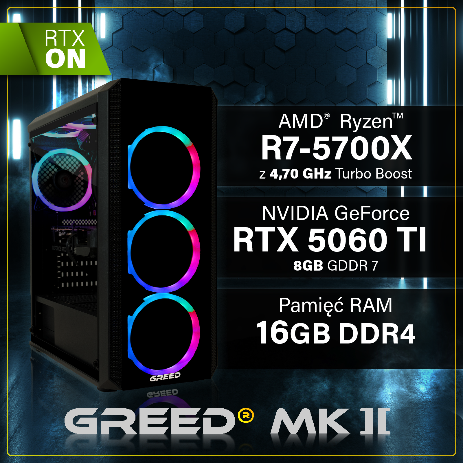 Obudowa PC z wentylatorami RGB, Ryzen R7-5700X, RTX 5060 Ti, 16GB RAM DDR4.