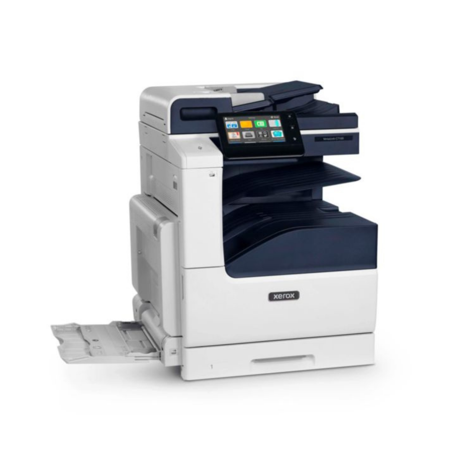Una stampante Xerox bianca con accenti blu scuro e interfaccia touchscreen.