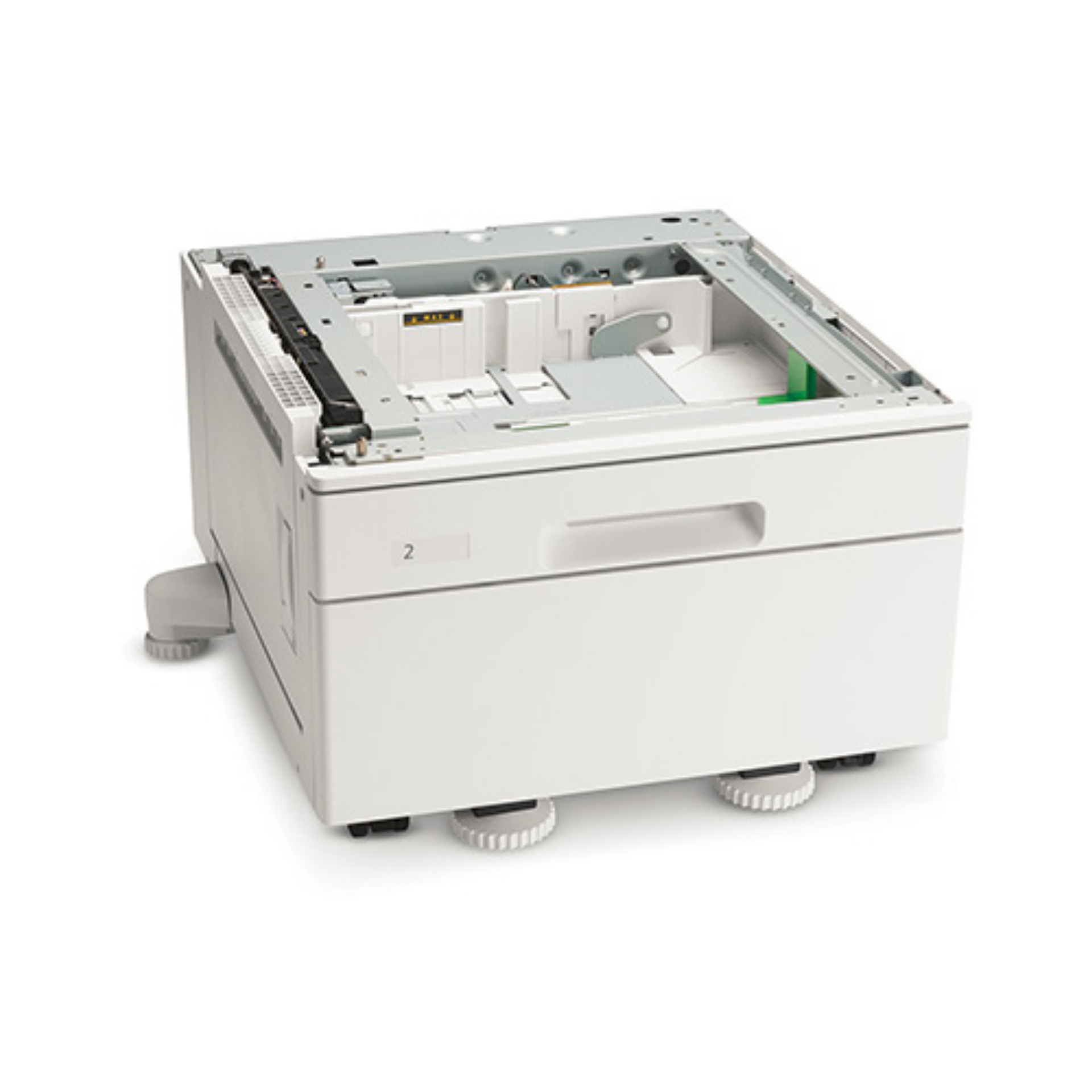 Un telaio di stampante bianco con parte superiore aperta e componenti interni visibili.