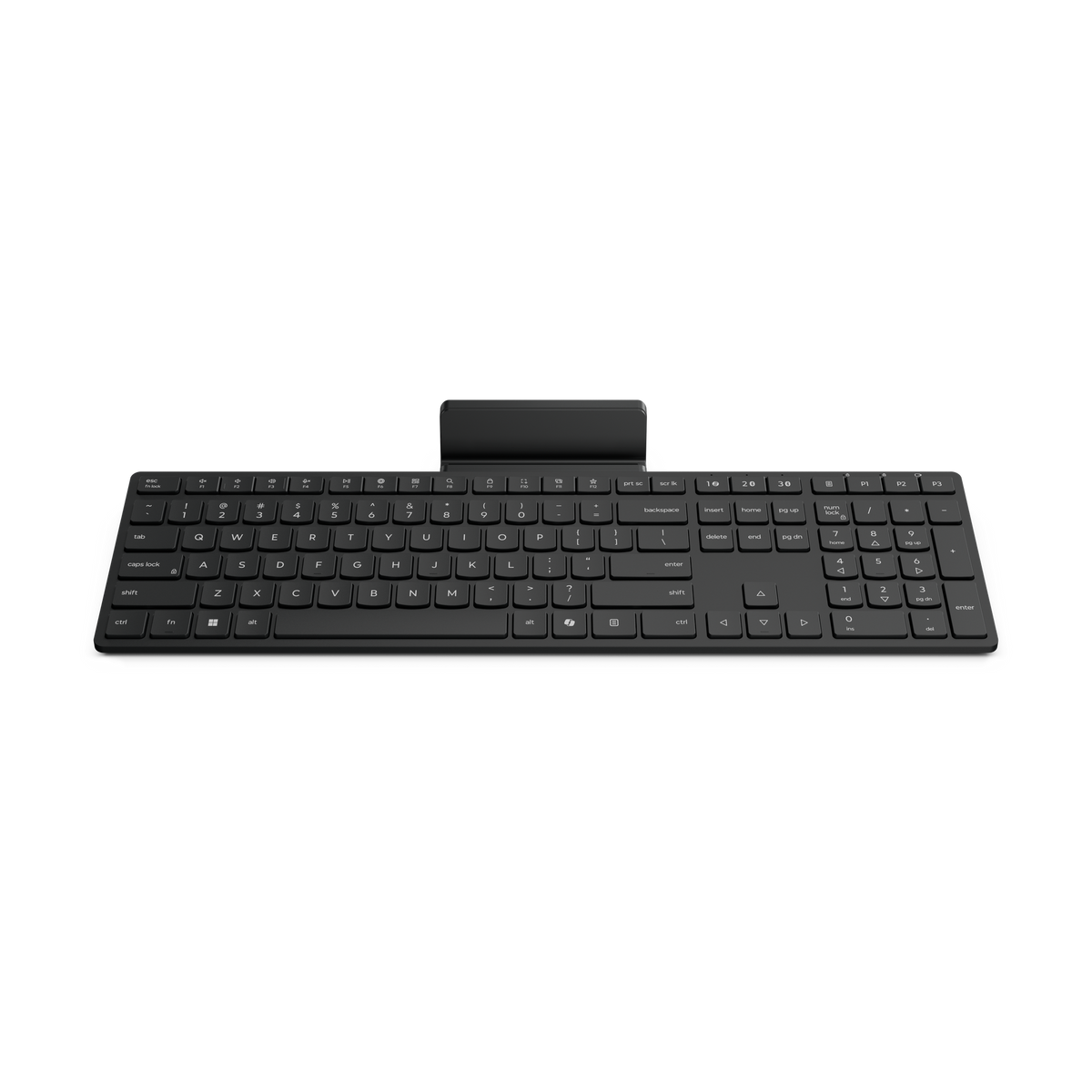 Un teclado inalámbrico negro con teclado numérico y soporte para teléfono.