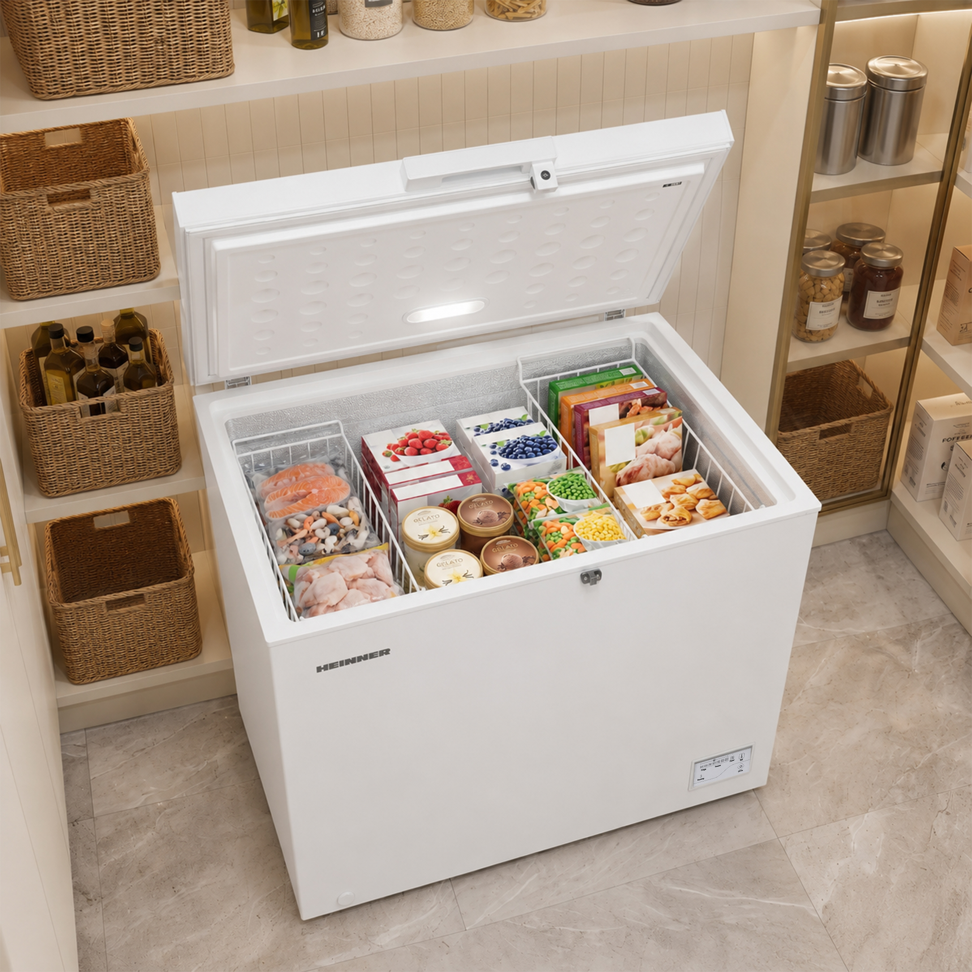 Congélateur coffre blanc rempli d'aliments surgelés comme saumon, poulet, glace et légumes.