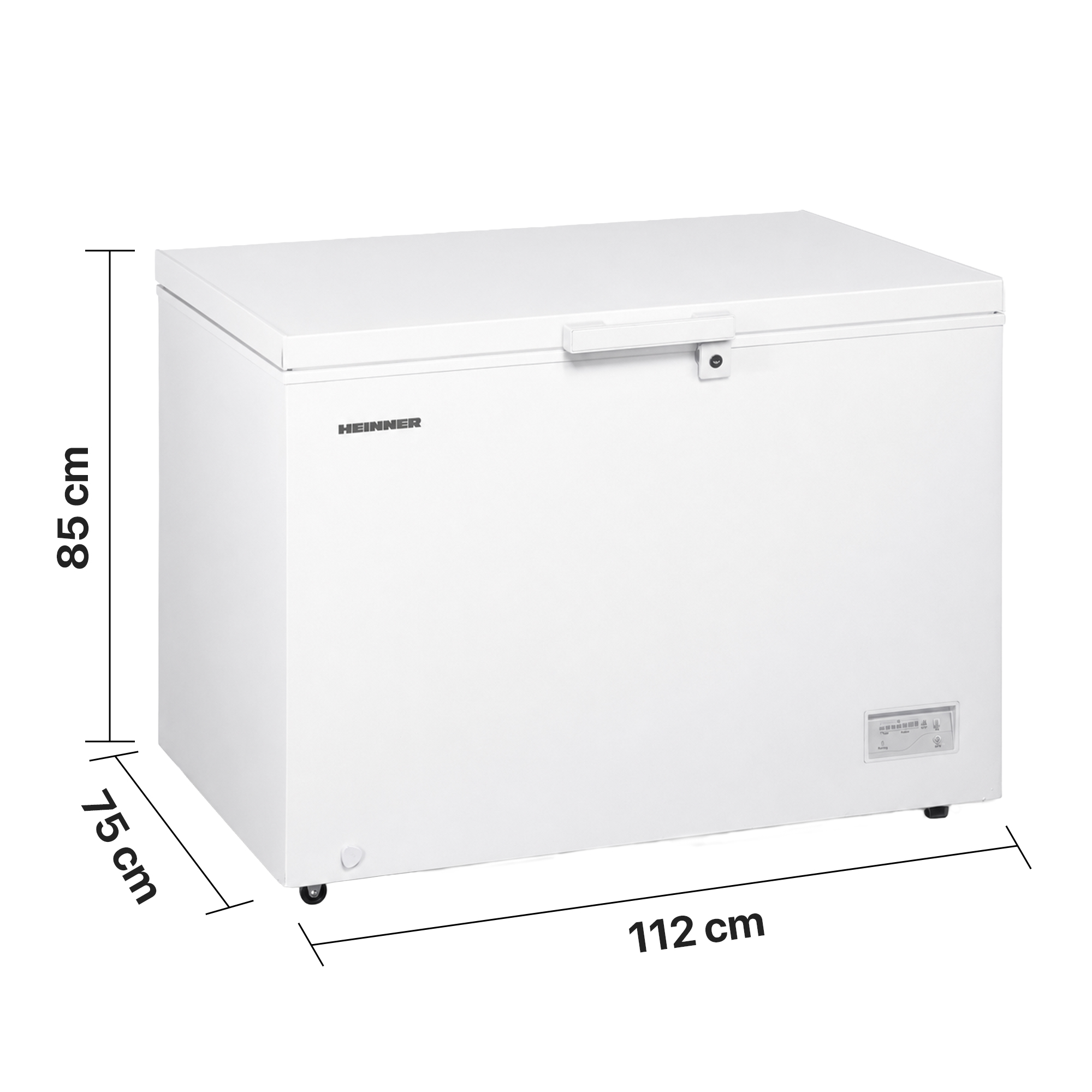Congélateur coffre blanc avec dimensions : 112 cm largeur, 85 cm hauteur, 75 cm prof.