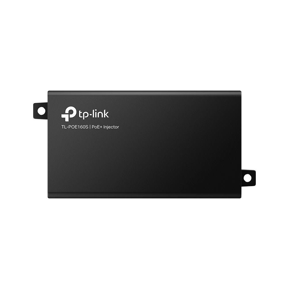 Siyah TP-Link PoE+ enjektör, etiketli ve yan portlu.