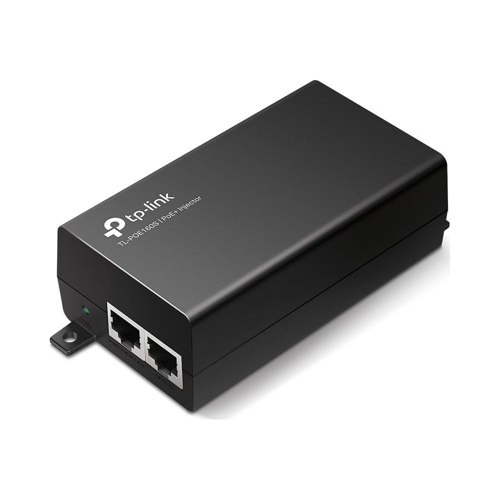 Siyah TP-Link TL-POE160S PoE+ enjektör, iki Ethernet bağlantı noktası ve durum ışıkları.