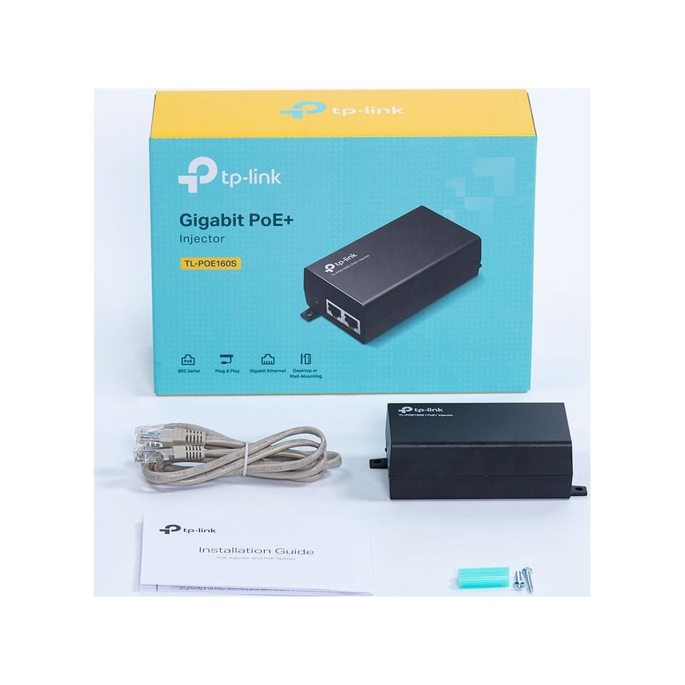 TP-Link Gigabit PoE+ Enjektör TL-POE160S, aksesuarlar ve kılavuz.