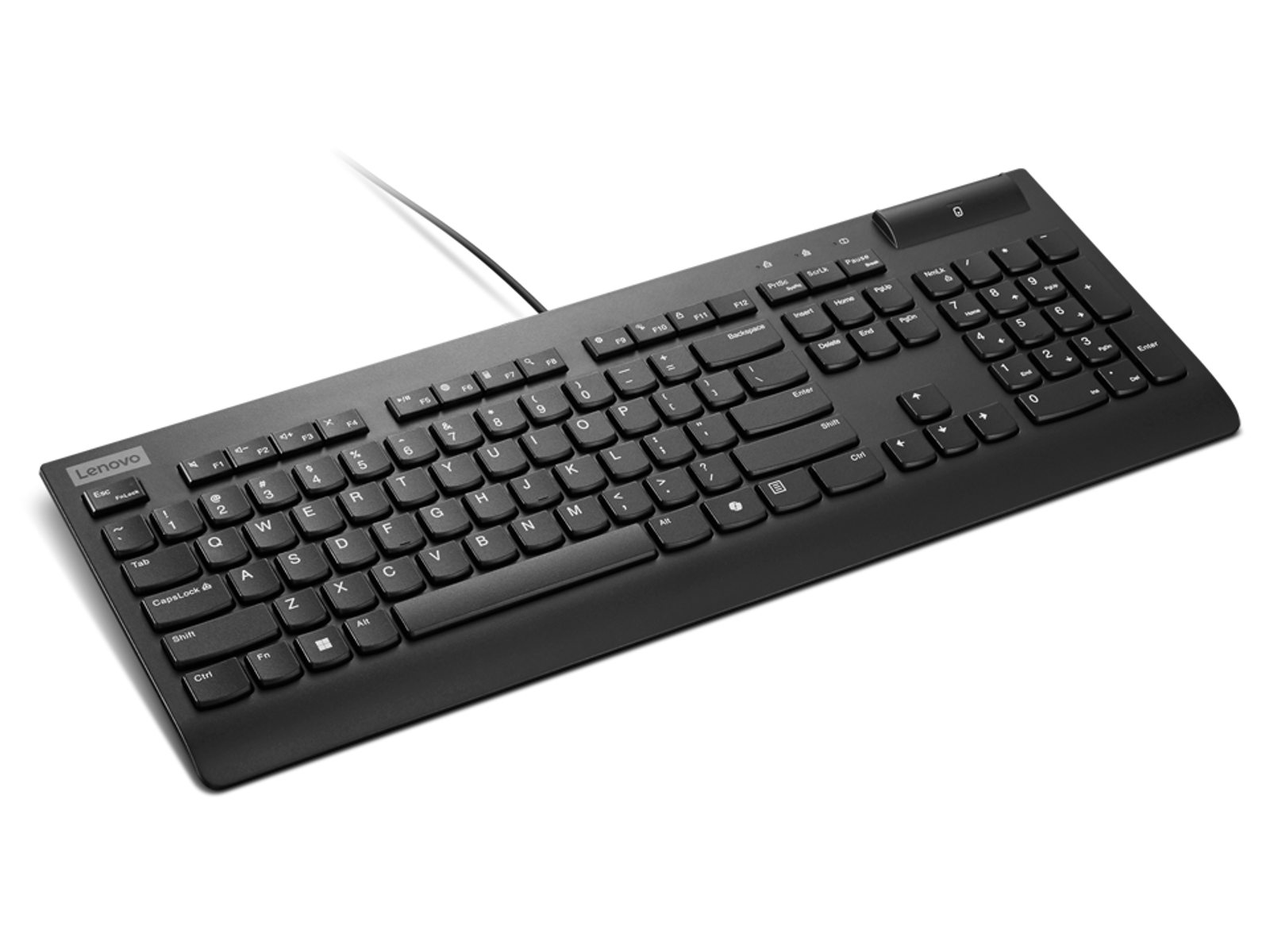 Teclado negro con cable Lenovo sobre fondo negro.