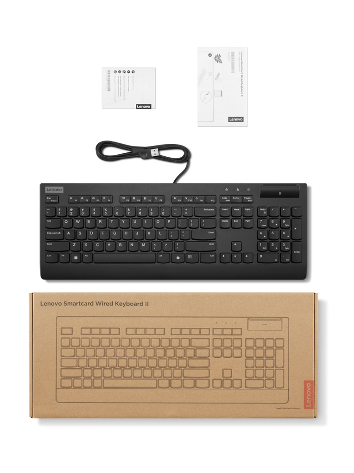 Un teclado Lenovo Smartcard Wired Keyboard II negro con cable y embalaje.