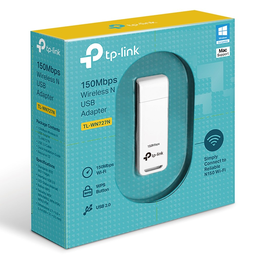 TP-Link TL-WN727N 150Mbps Kablosuz N USB Adaptör kutusu, adaptörü ve özellikleri gösteriyor.