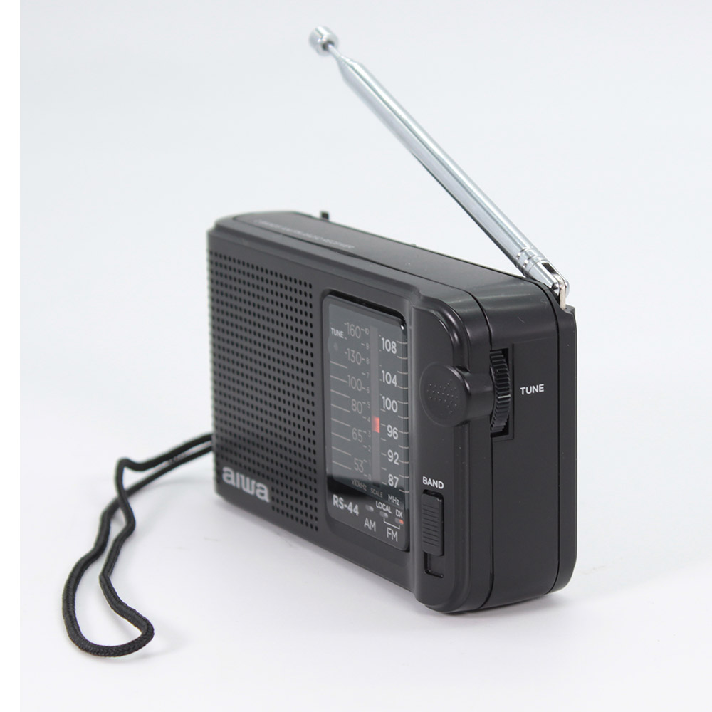 Black Aiwa RS-44 portable radio with extended antenna and wrist strap.