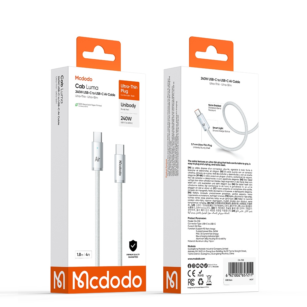 Beyaz Mcdodo USB-C - USB-C kablo ambalajı, ürün detaylarını gösteriyor.