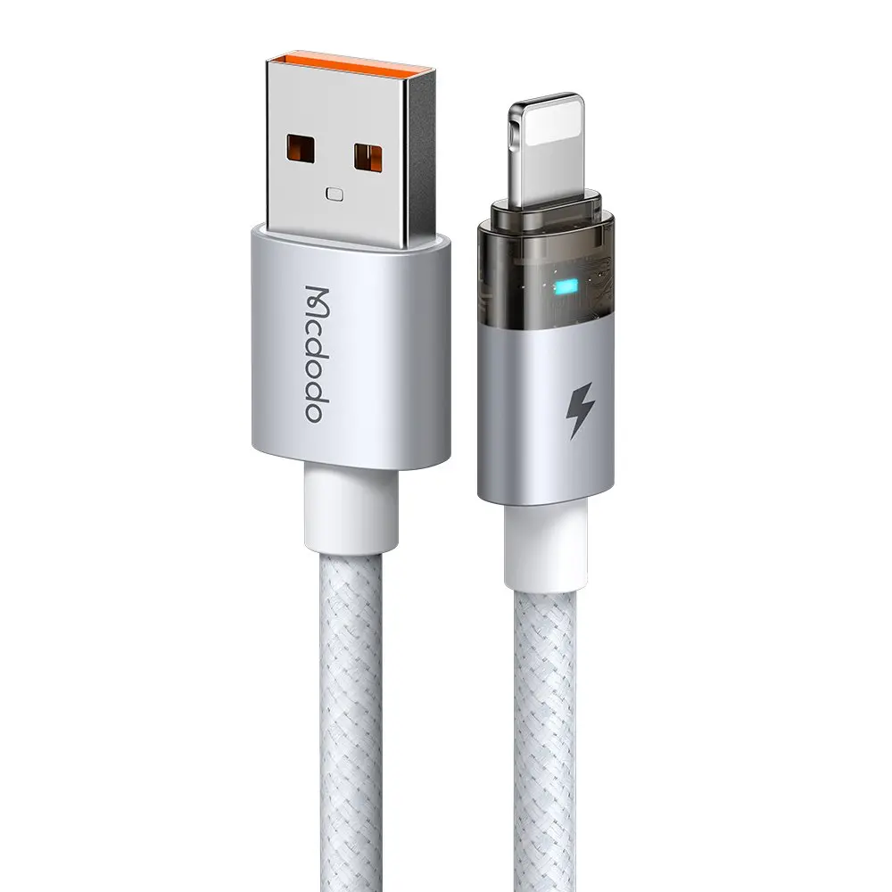 Gümüş USB-A - Lightning kablosu, beyaz örgülü tel ve gösterge ışığı.