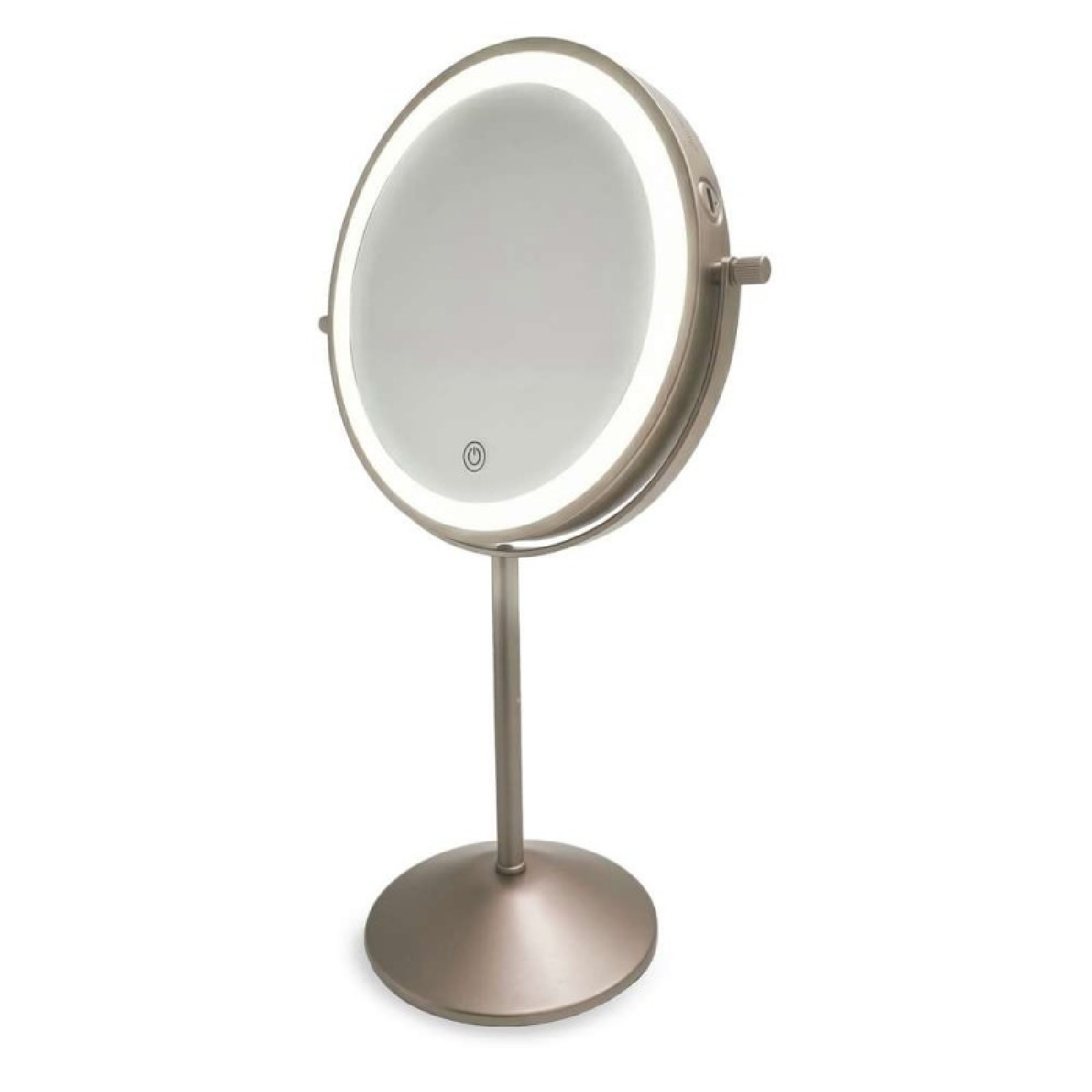 Un espejo de maquillaje de metal cepillado con luz LED y símbolo de encendido.