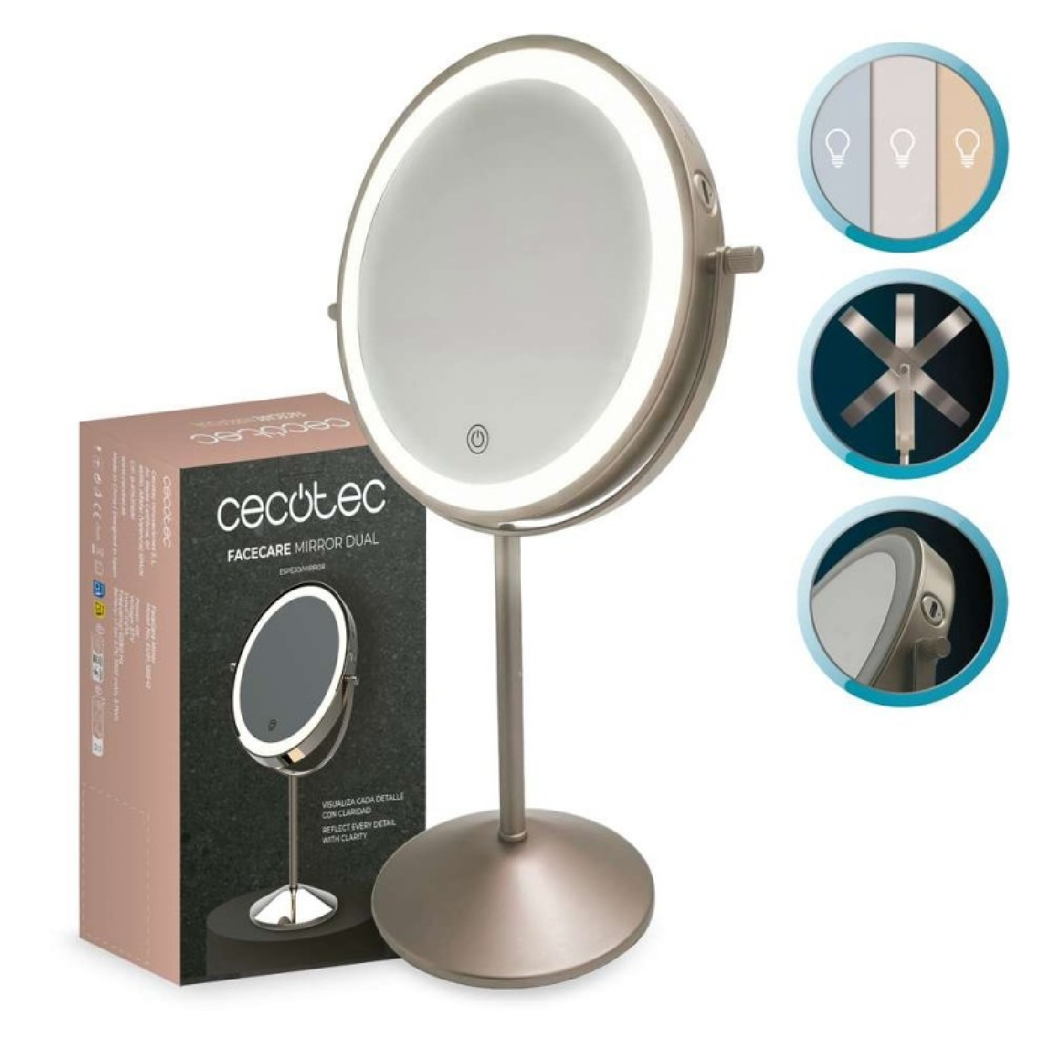 Un espejo de maquillaje iluminado en un soporte, junto a una caja de producto.
