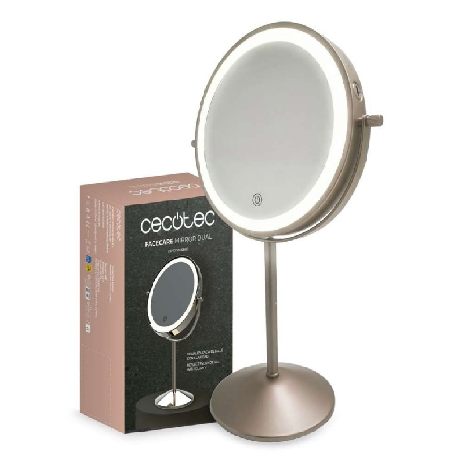Un espejo de maquillaje iluminado con soporte y caja.
