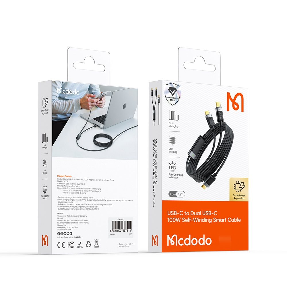 Mcodo USB-C - Çift USB-C 100W kablo ambalajı. Kabloyu ve şarj bilgilerini gösterir.