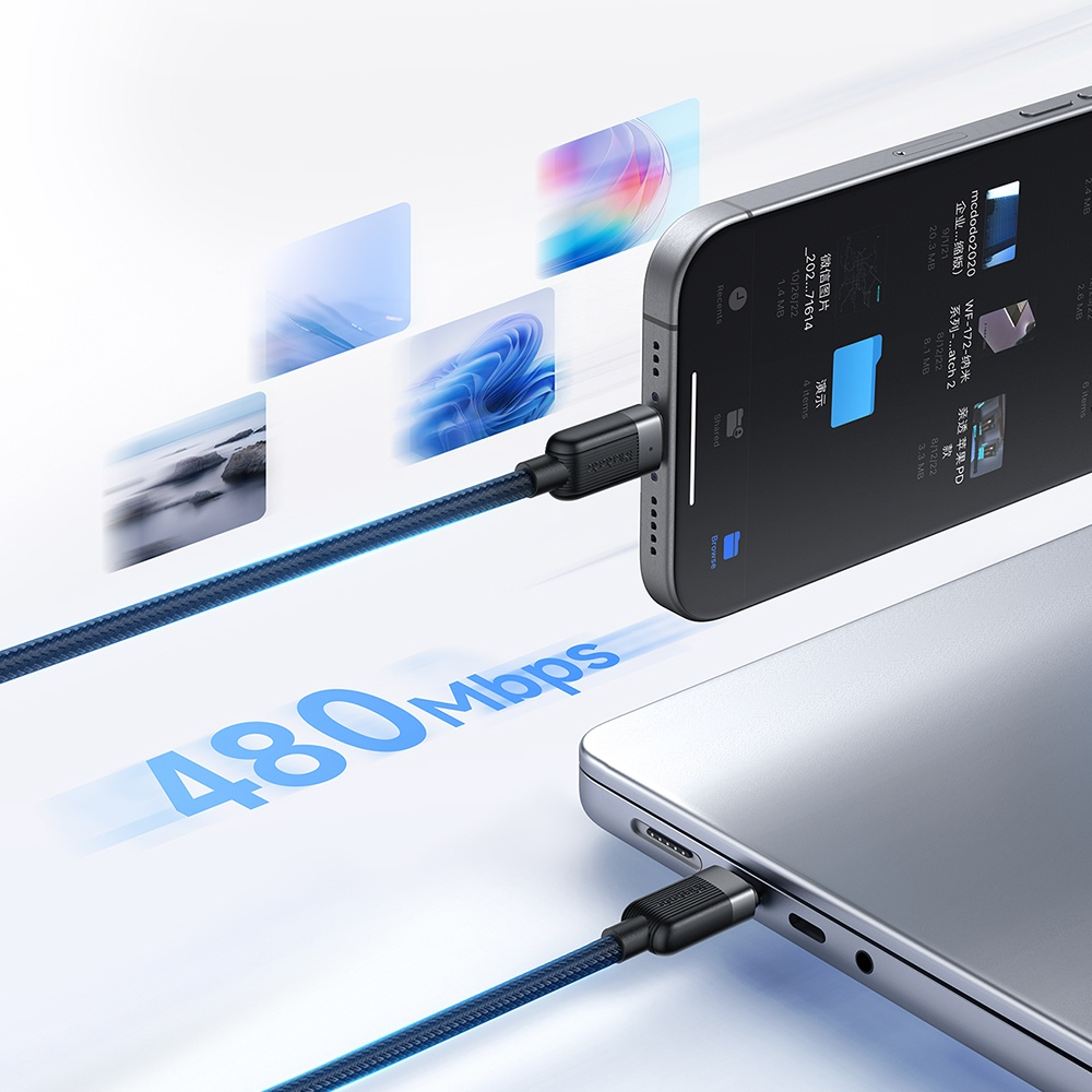 Bir USB-C kablosu, "480 Mbps" yazısıyla bir akıllı telefonu bir dizüstü bilgisayara bağlıyor.