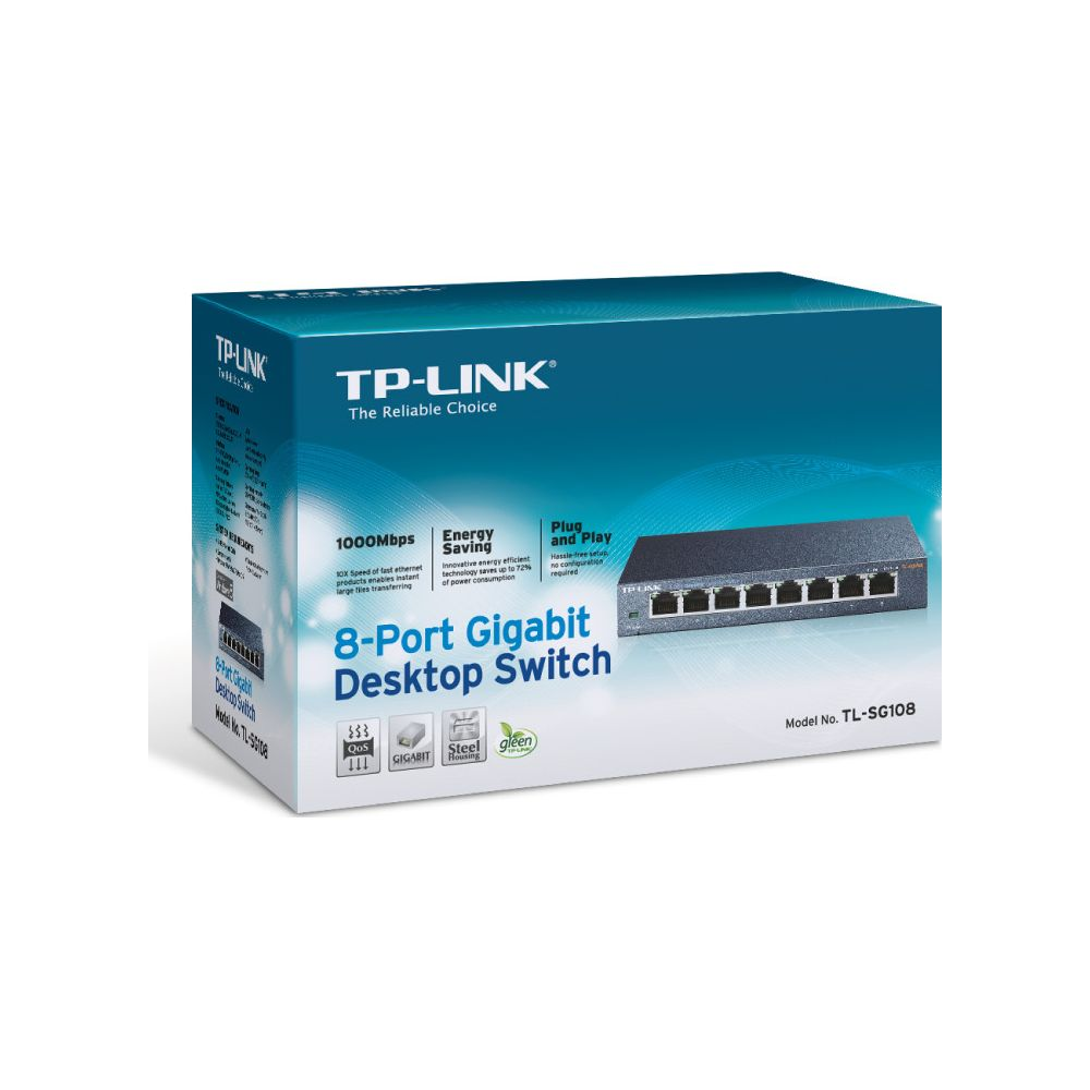 Confezione switch desktop Gigabit TP-Link 8 porte con immagine prodotto.