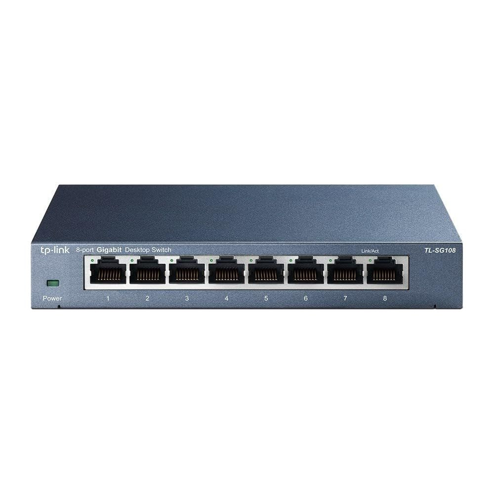 Uno switch desktop Gigabit TP-Link a 8 porte blu con porte Ethernet e spie di stato.