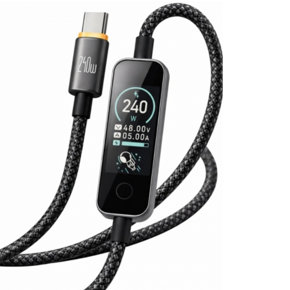240W gösteren dijital ekrana sahip gri USB-C şarj kablosu.