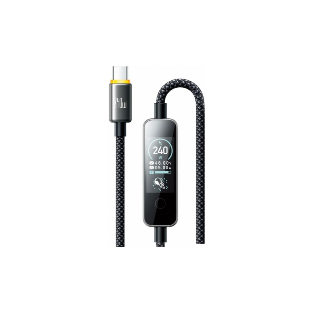 Dijital ekranlı, 240W göstergeli siyah USB-C kablosu.